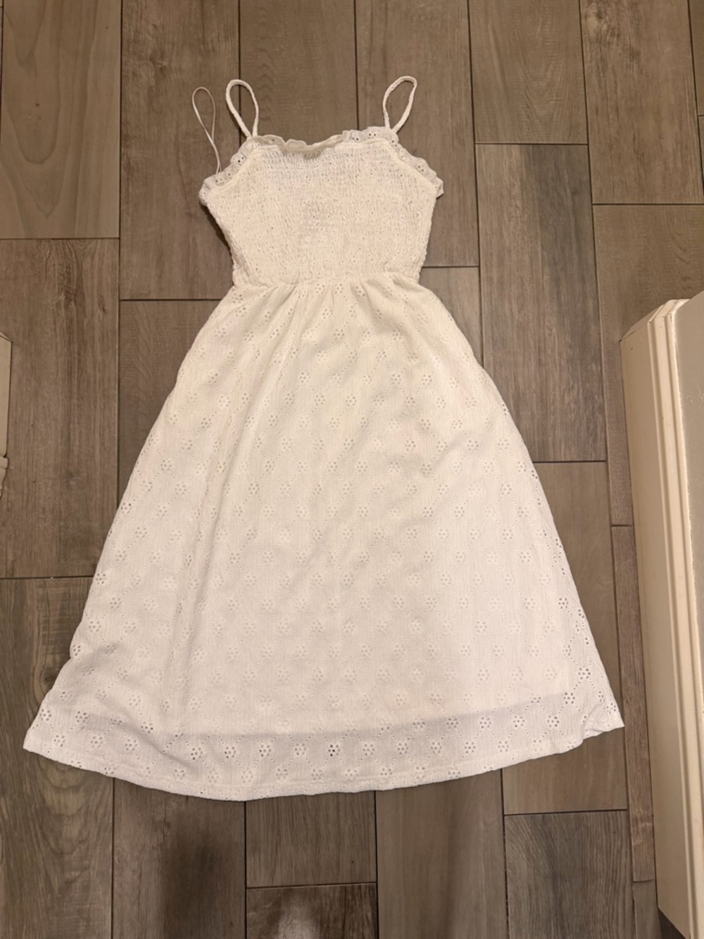 Women’s White Eyelet Midi Dress with Spaghetti Straps